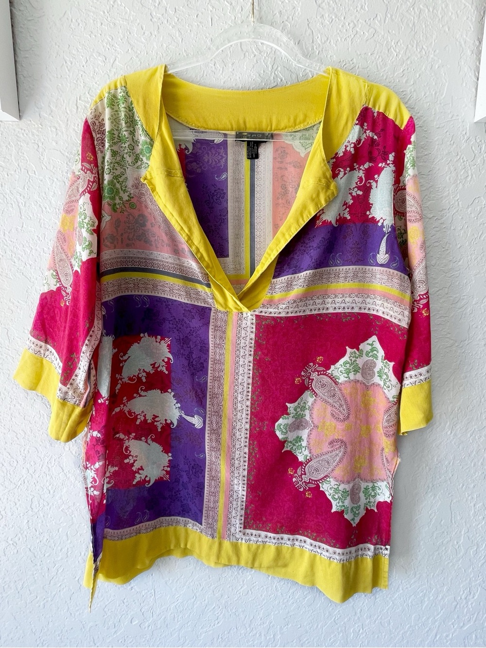 Etro Milano Multicolor Patchwork V-Neck Tunic with Yellow Trim